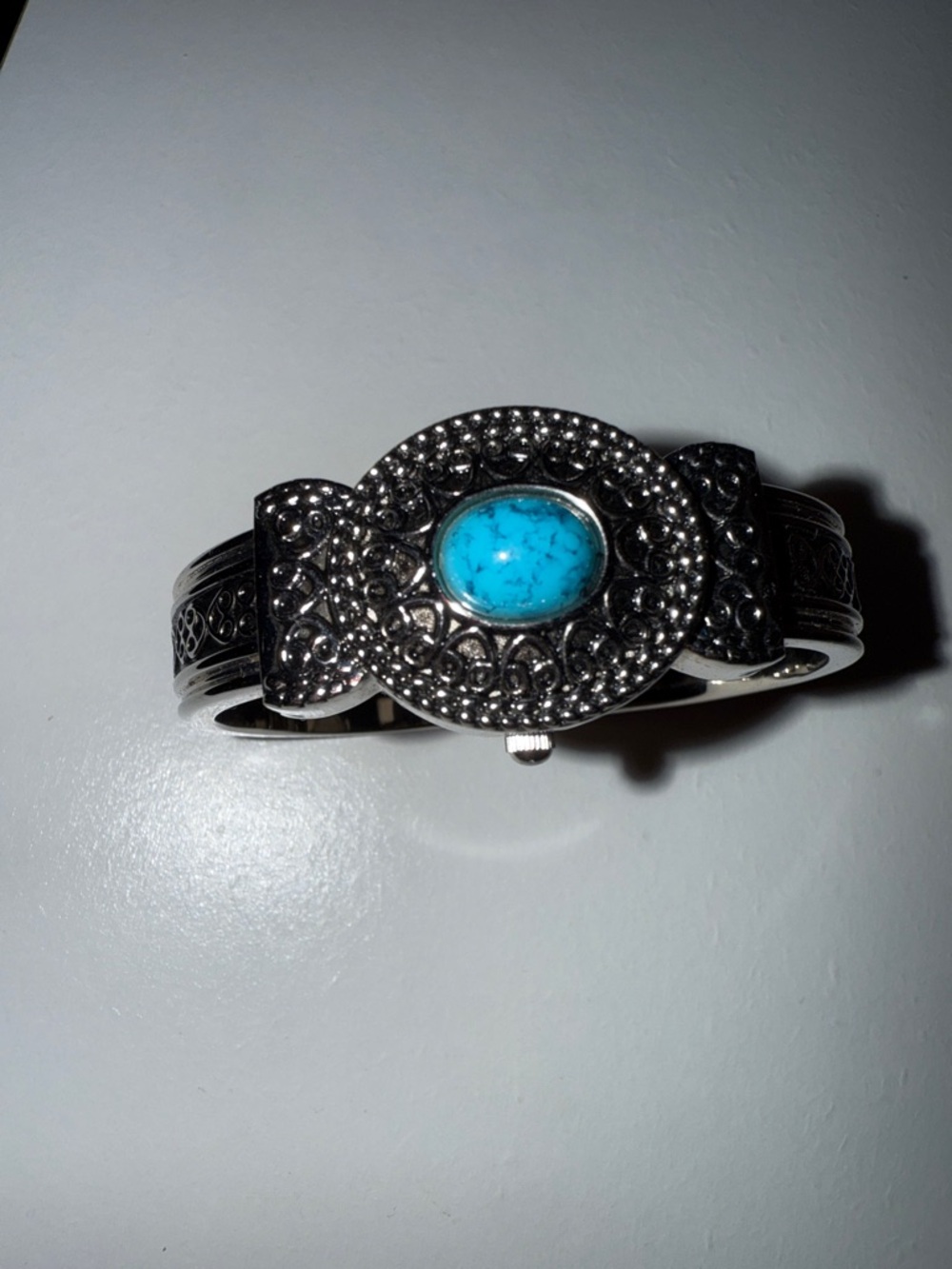 Silver Cuff Watch Bracelet with Turquoise Accent